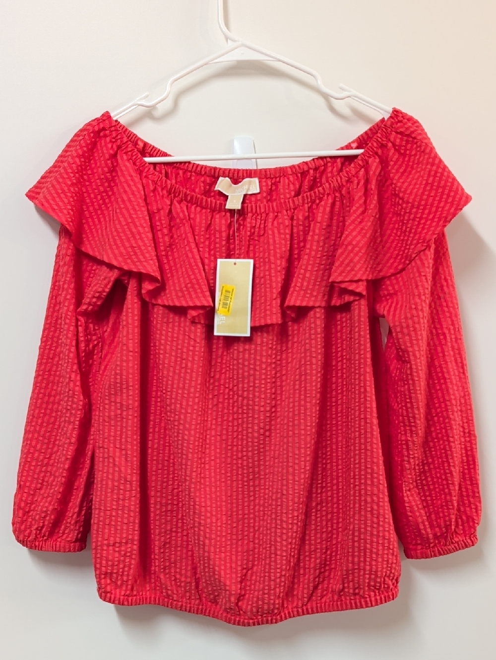 Michael Kors Red Pink Striped Off-Shoulder Ruffle Blouse Size Small